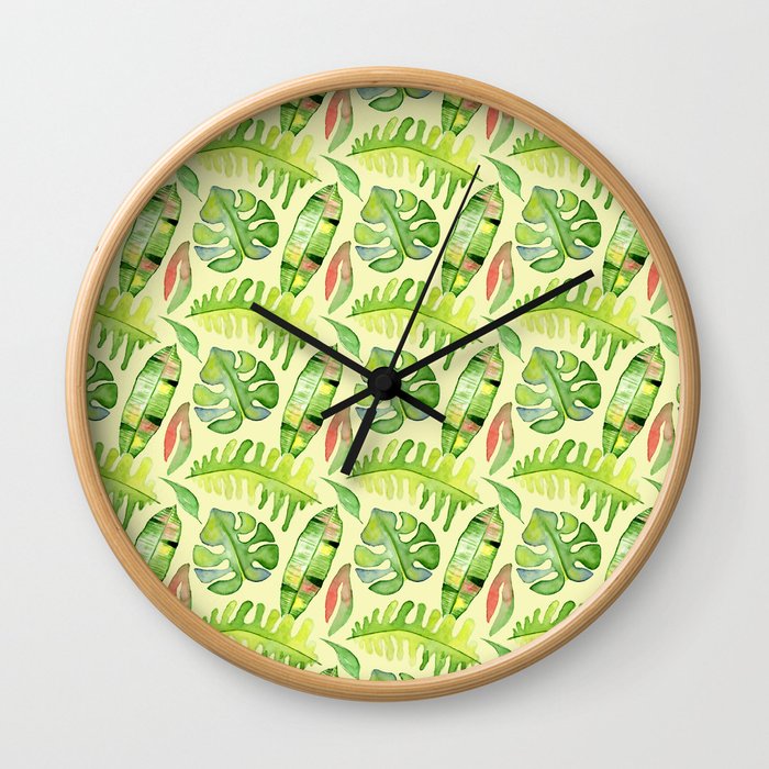 Hand painted green red watercolor tropical cheese leaves Wall Clock