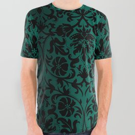 Dark Green and Black Floral Damask Pattern All Over Graphic Tee