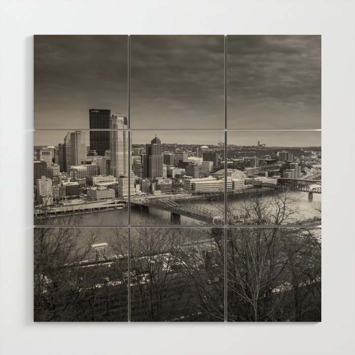 Pittsburgh Skyline Mount Washington Black White Print Wood Wall Art