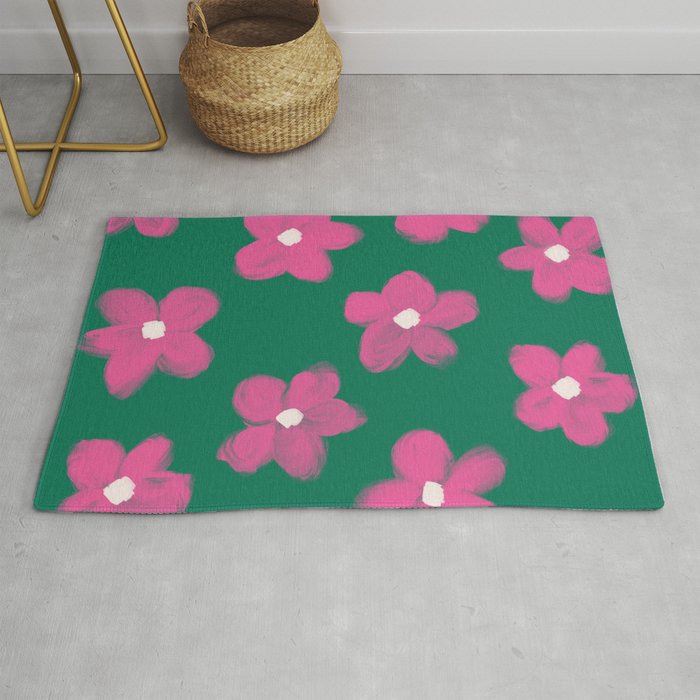 70s 60s Bold Pink Flowers on Green Rug