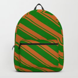 [ Thumbnail: Chocolate and Green Colored Lined/Striped Pattern Backpack ]