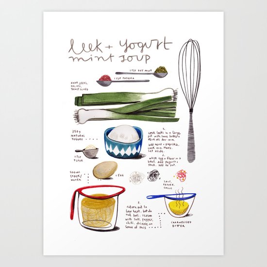 illustrated recipes: leek and yogurt soup Art Print