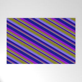 [ Thumbnail: Green, Medium Slate Blue, Dark Blue, and Dark Violet Colored Pattern of Stripes Welcome Mat ]