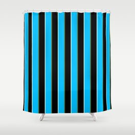 [ Thumbnail: Turquoise, Deep Sky Blue, Dark Olive Green, and Black Colored Stripes/Lines Pattern Shower Curtain ]