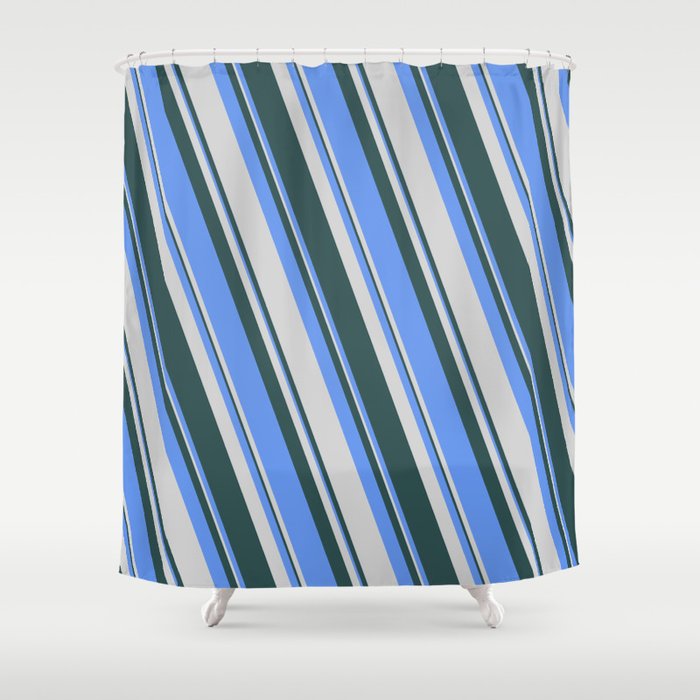 Cornflower Blue, Light Grey & Dark Slate Gray Colored Lines/Stripes Pattern Shower Curtain