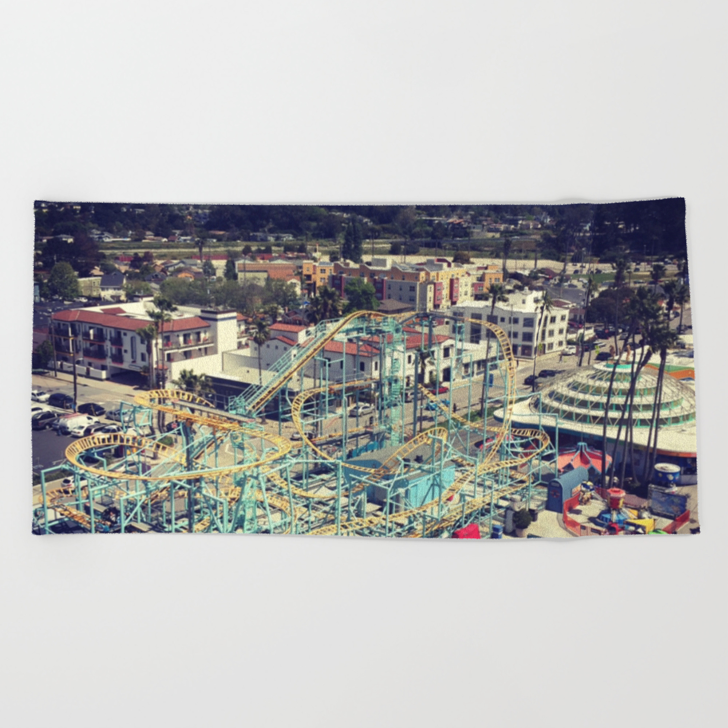 Santa Cruz Boardwalk Undertow Rollercoaster Aerial Beach Towel By