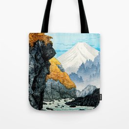 Blue Japanese Woodblock Print Of Foot of Mount Ashitaka by Hiroaki Takahashi,Volcano,Autumn,Landscape,Japan,Woodcut,Vintage,mountain, Tote Bag