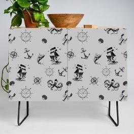 Light Grey And Black Silhouettes Of Vintage Nautical Pattern Credenza