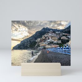 Positano seashore against cityscape Mini Art Print