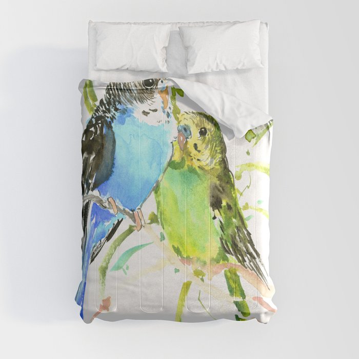 Budgies, love bird green blue decor Comforter