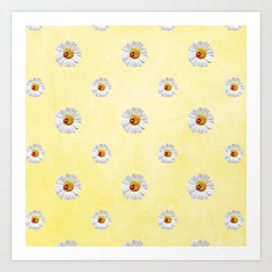 Daisies in love- Yellow Daisy Flower Floral pattern with Ladybug on #Society6 Art Print