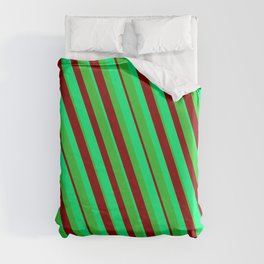 [ Thumbnail: Green, Lime Green & Dark Red Colored Stripes/Lines Pattern Duvet Cover ]