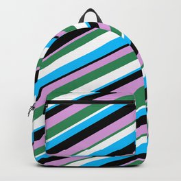 [ Thumbnail: Eyecatching Plum, Sea Green, White, Deep Sky Blue, and Black Colored Pattern of Stripes Backpack ]