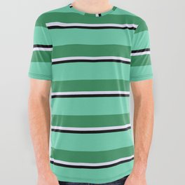 [ Thumbnail: Aquamarine, Sea Green, Lavender, and Black Colored Striped/Lined Pattern All Over Graphic Tee ]