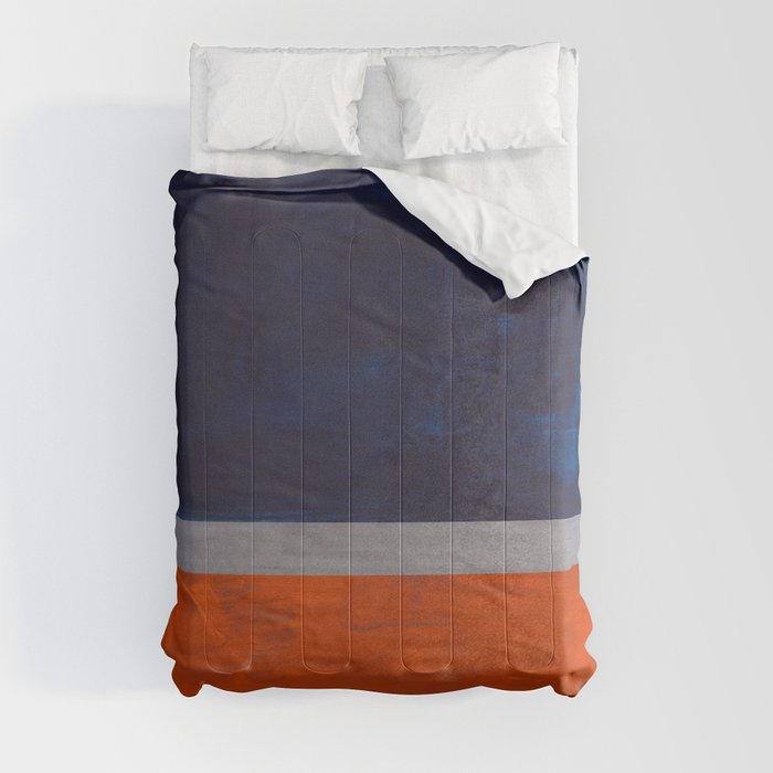 Minimalist Mid Century Rothko Color Field Navy Blue Dark Orange Grey Accent Square Color Block Comforter