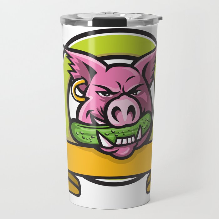 Wild Boar Biting Gherkin Circle Mascot Travel Mug