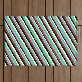 [ Thumbnail: Colorful Green, Violet, Brown, Black & White Colored Stripes Pattern Outdoor Rug ]