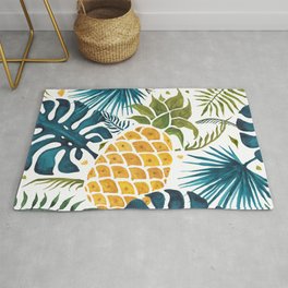 Golden pineapple on palm leaves foliage Rug