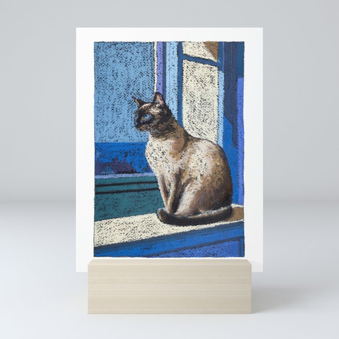 Siamese Cat Oil Pastel Drawing | Shades of Cool Blue | Original Modern Animal Artwork Mini Art Print