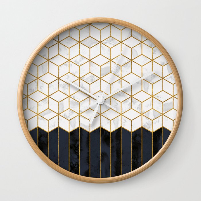White Geo and Blue Navy Cube Pattern Wall Clock