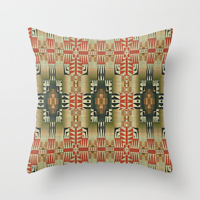 Orange Red Olive Green Native American Indian Mosaic Pattern Throw Pillow