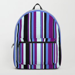[ Thumbnail: Cornflower Blue, Purple, Light Cyan, and Black Colored Stripes Pattern Backpack ]