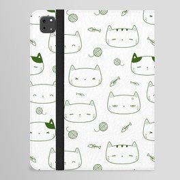 Green Doodle Kitten Faces Pattern iPad Folio Case