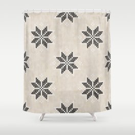 Cozy Boho Nordic Christmas Knitted Snowflakes Pattern Neutral and Black Shower Curtain