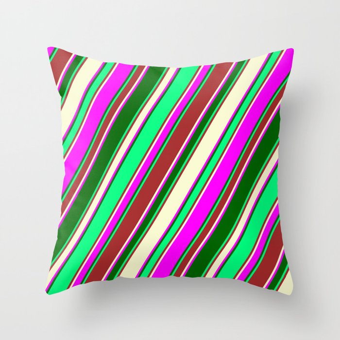 Eyecatching Green, Brown, Light Yellow, Fuchsia, and Dark Green Colored Stripes Pattern Throw Pillow