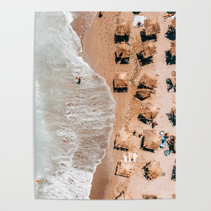 Aerial Ocean Beach Print, Summer Vibes, Sea Waves Art Print, Portugal Beach Print, Golden Sands, Beach Umbrellas Poster