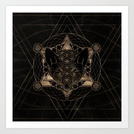 Fox in Sacred Geometry  - Black and Gold Art Print
