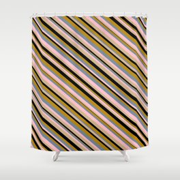 [ Thumbnail: Vibrant Light Slate Gray, Pink, Tan, Black, and Dark Goldenrod Colored Lined Pattern Shower Curtain ]