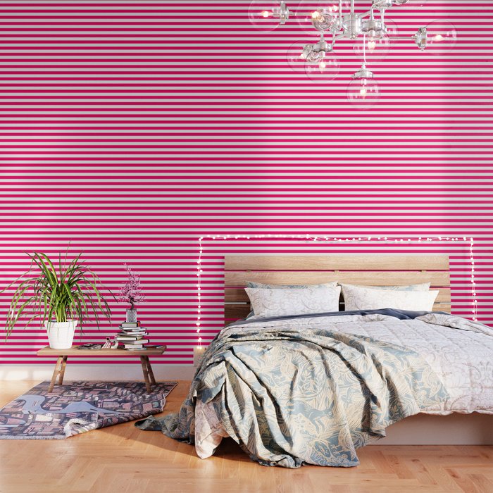 Bright Fluorescent Pink Neon And White Large Horizontal Cabana Tent Stripe Wallpaper By Podartist