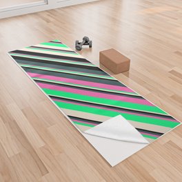 [ Thumbnail: Eyecatching Dark Slate Gray, Hot Pink, Green, Beige, and Black Colored Lines Pattern Yoga Towel ]