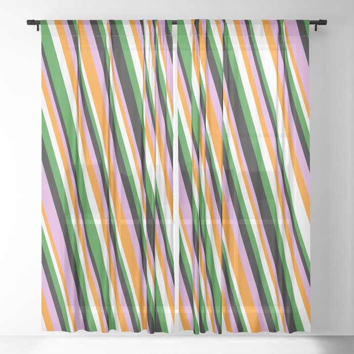 Eye-catching Forest Green, Black, Plum, Dark Orange, and White Colored Striped Pattern Sheer Curtain