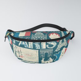 seamless pattern on France and Paris theme with drawings, inscriptions, architectural landmarks, map and flag of French republic in retro style. Fanny Pack
