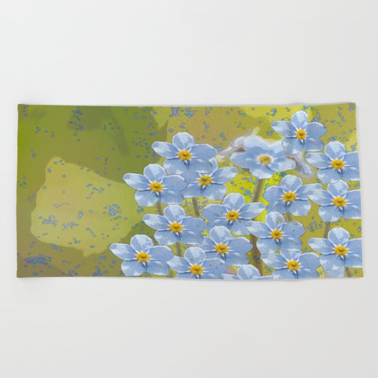 Forget-me-not flowers - watercolor art on green background Beach Towel