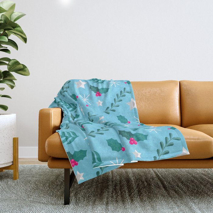 Christmas Pattern Turquoise Floral Pine Mistletoe Throw Blanket