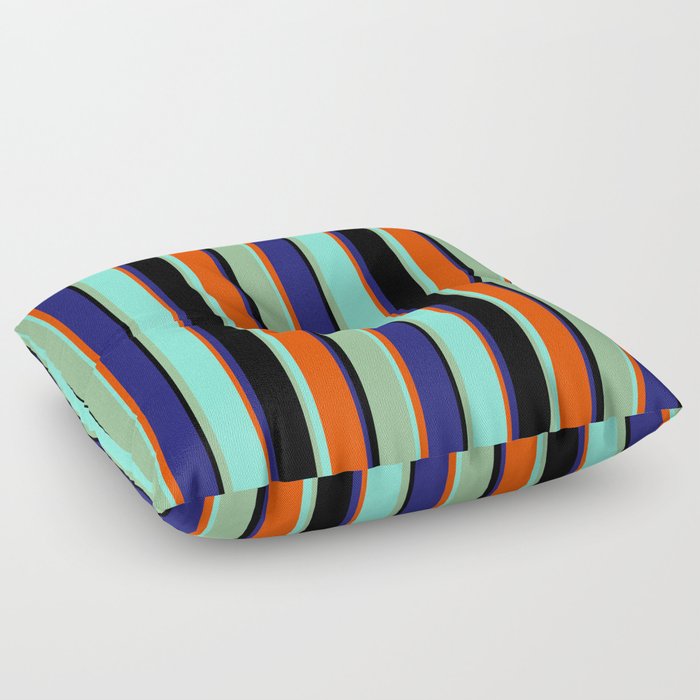 Vibrant Black, Dark Sea Green, Aquamarine, Red, and Midnight Blue Colored Pattern of Stripes Floor Pillow
