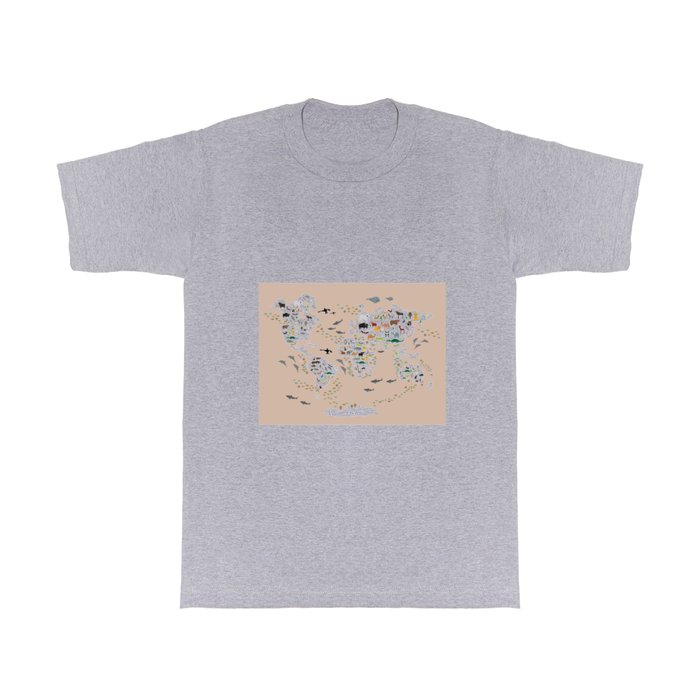 Cartoon world map for children, kids, Animals from all over the world, back to school, rosybrown T Shirt