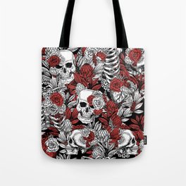 Skulls and Flowers Black White Red Vintage Tote Bag