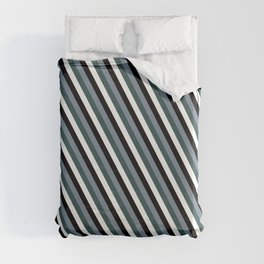 [ Thumbnail: White, Black, Light Slate Gray, and Dark Slate Gray Colored Stripes/Lines Pattern Duvet Cover ]