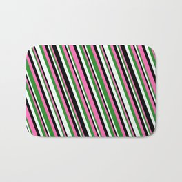 [ Thumbnail: Hot Pink, Forest Green, Mint Cream & Black Colored Stripes Pattern Bath Mat ]