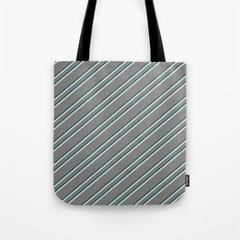 [ Thumbnail: Gray, Dark Slate Gray, and Light Cyan Colored Striped/Lined Pattern Tote Bag ]