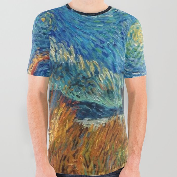 Road with Cypress and Star; Country Road in Provence by Night, oil-on-canvas post-impressionist landscape painting by Vincent van Gogh in alternate blue twilight sky All Over Graphic Tee