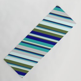 [ Thumbnail: Blue, Light Sea Green, Light Gray, Light Cyan & Dark Olive Green Colored Pattern of Stripes Yoga Mat ]
