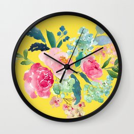 Yellow Watercolor Floral Pink Peonies Wall Clock