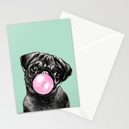 Bubble Gum Black Pug in Green Stationery Card