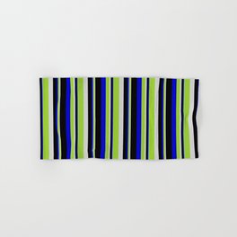 [ Thumbnail: Light Grey, Green, Blue & Black Colored Lined Pattern Hand & Bath Towel ]