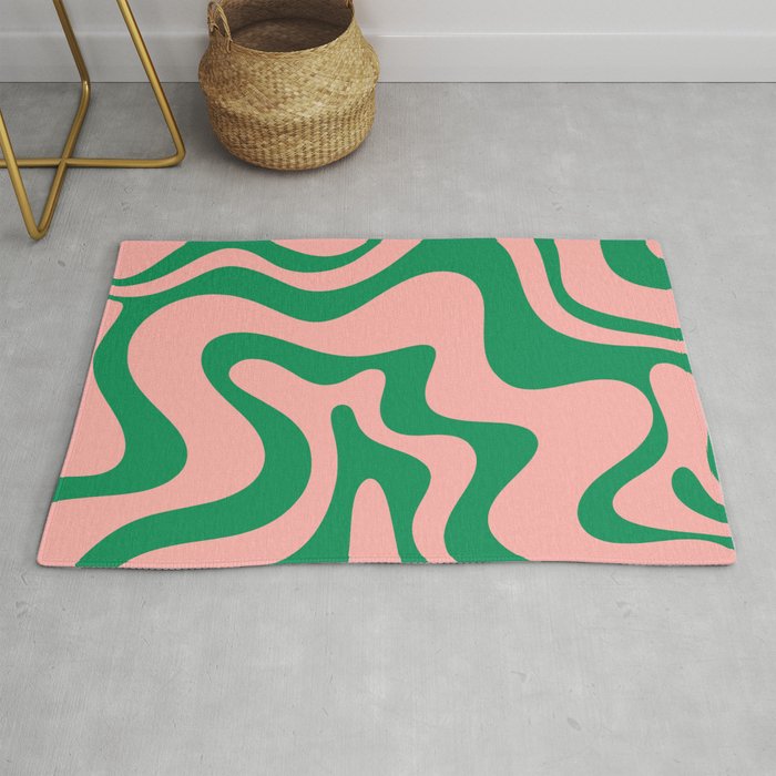 Liquid Swirl Abstract Retro Pattern in Blush Pink and Bright Green  Rug